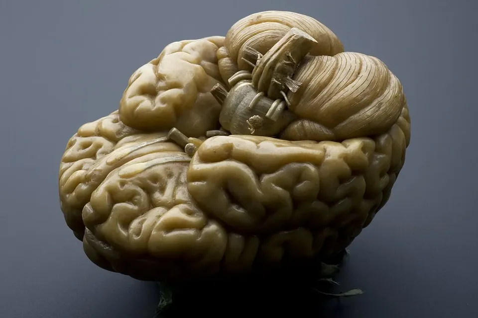 A pale wax model of a human brain with its folds and a few removable sections, on a dark grey background