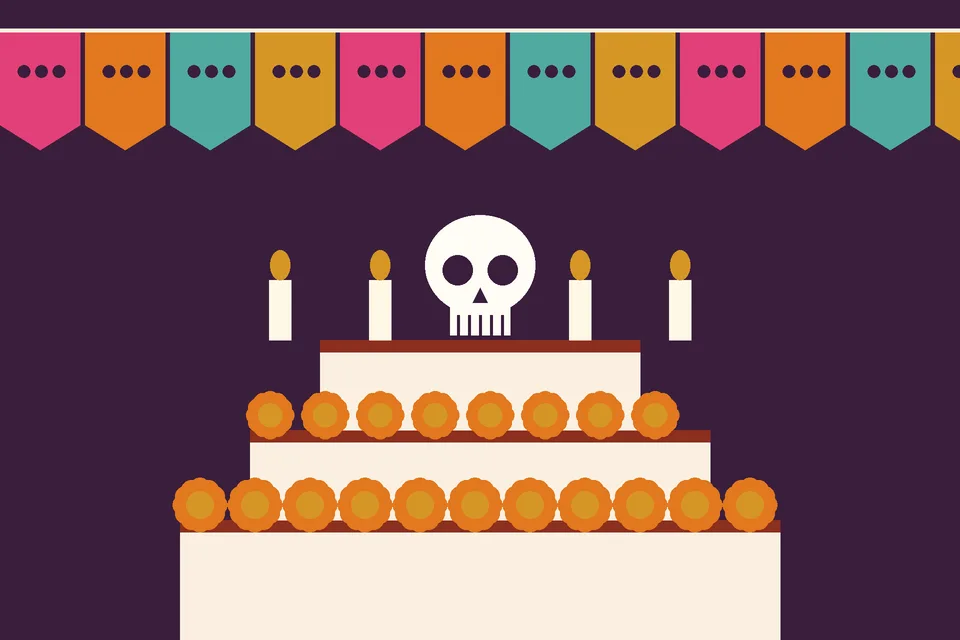 A simple illustration of a three-tiered altar decorated with orange marigolds, white candles and a white skull, under a row of colourful cut-paper flags