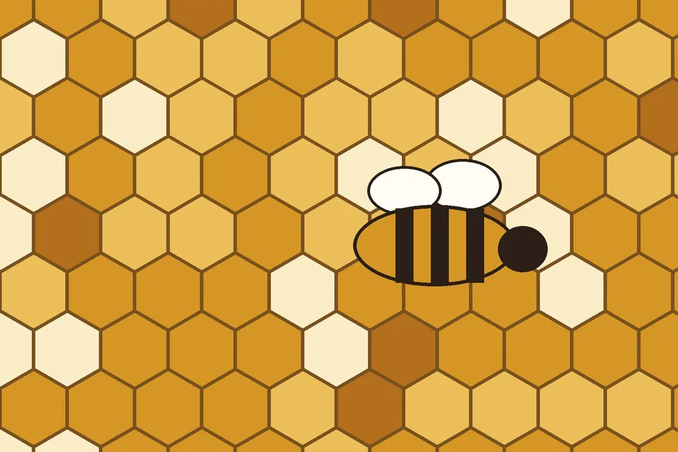 A simple illustration of a striped honeybee resting on golden hexagonal honeycomb cells of different shades