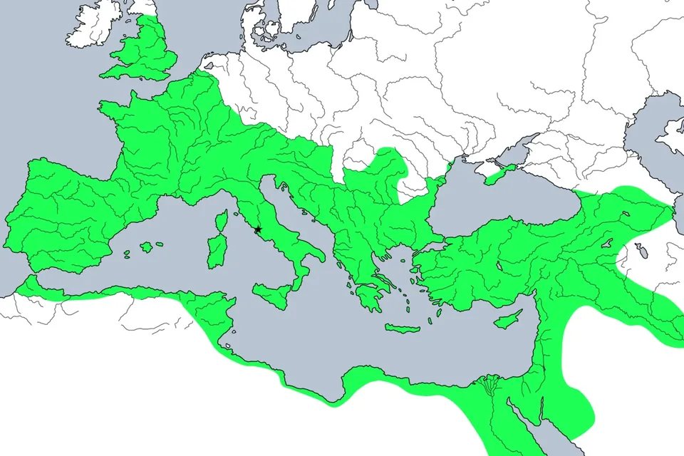 Map of Europe and the Mediterranean with the territory of the Roman Empire shaded in green
